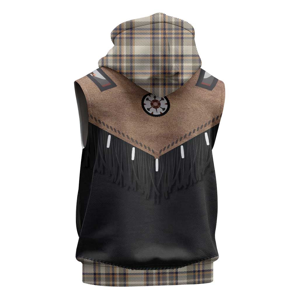 Western Cowboy Vest Style Sleeveless Zip Hoodie Brown Beige Plaid Pattern - Wonder Print Shop