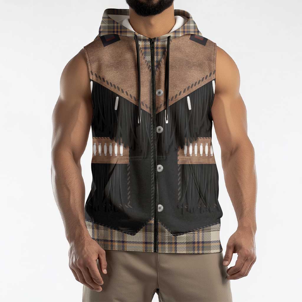 Western Cowboy Vest Style Sleeveless Zip Hoodie Brown Beige Plaid Pattern - Wonder Print Shop