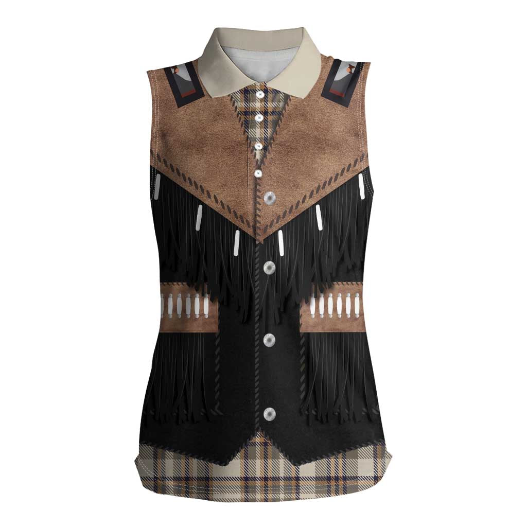 Western Cowboy Vest Style Women Sleeveless Polo Shirt Brown Beige Plaid Pattern - Wonder Print Shop