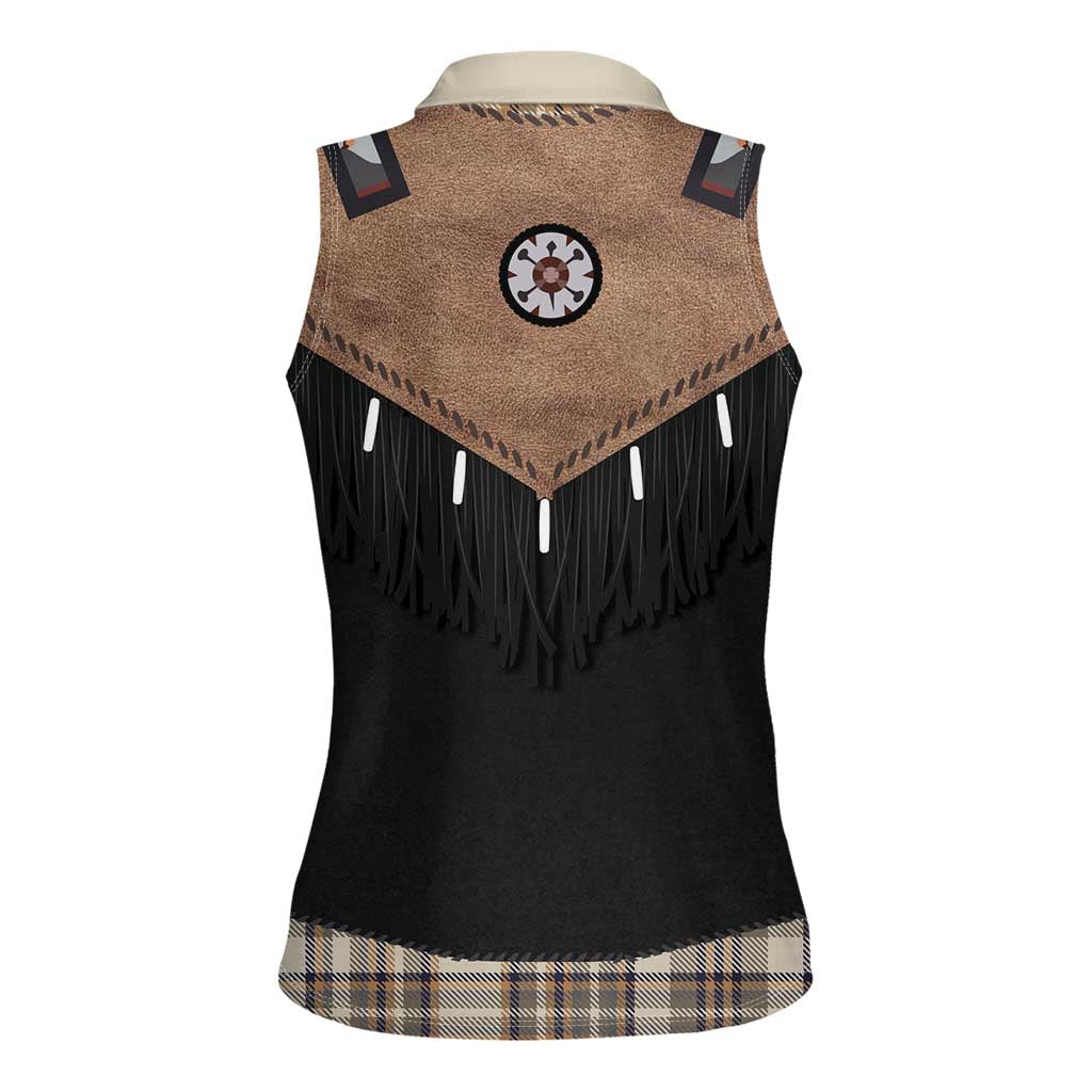 Western Cowboy Vest Style Women Sleeveless Polo Shirt Brown Beige Plaid Pattern - Wonder Print Shop
