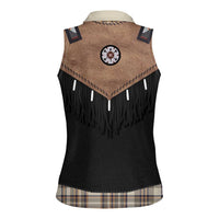 Western Cowboy Vest Style Women Sleeveless Polo Shirt Brown Beige Plaid Pattern - Wonder Print Shop
