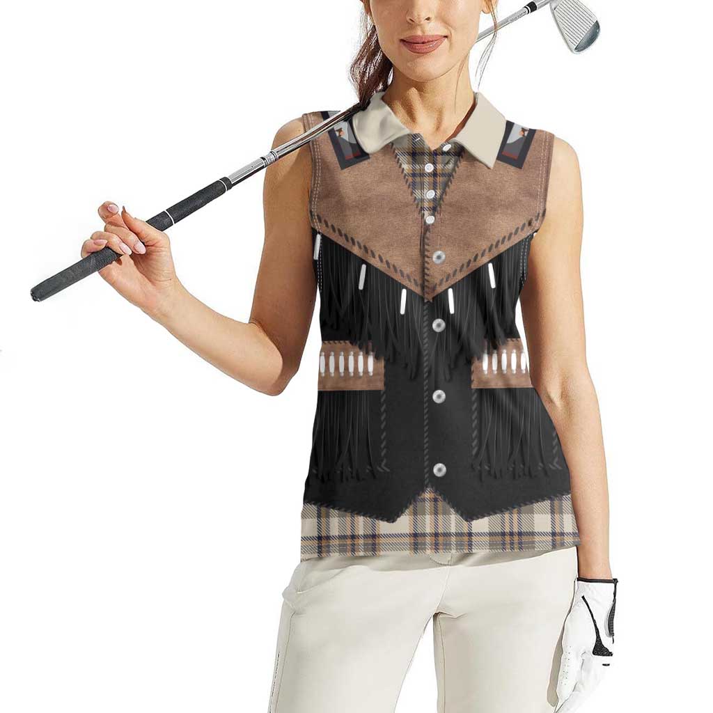 Western Cowboy Vest Style Women Sleeveless Polo Shirt Brown Beige Plaid Pattern - Wonder Print Shop