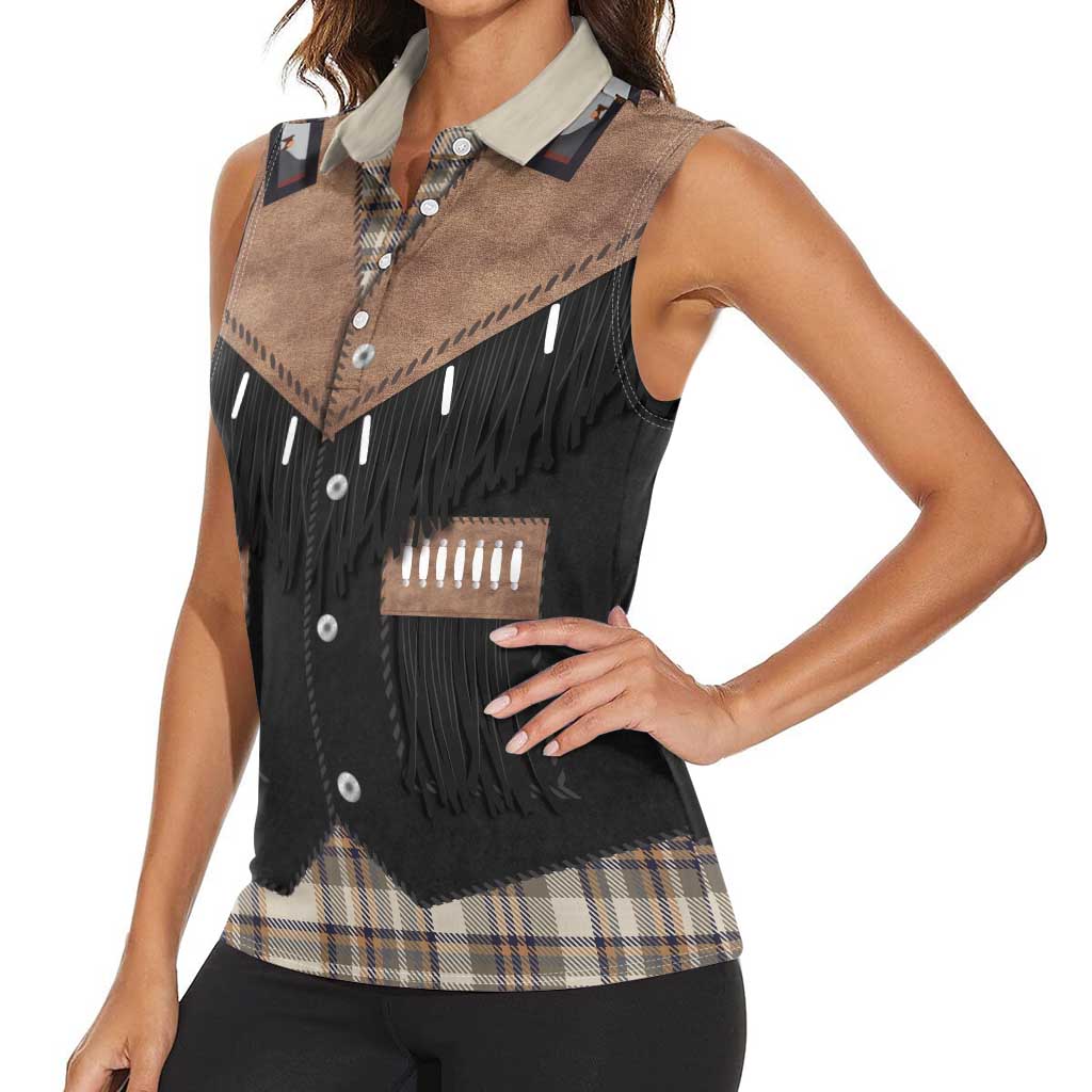 Western Cowboy Vest Style Women Sleeveless Polo Shirt Brown Beige Plaid Pattern - Wonder Print Shop