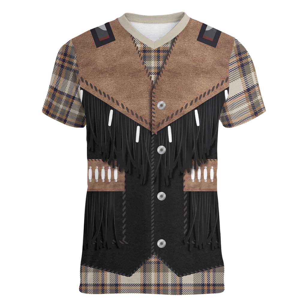 Western Cowboy Vest Style Women V-Neck T-Shirt Brown Beige Plaid Pattern - Wonder Print Shop