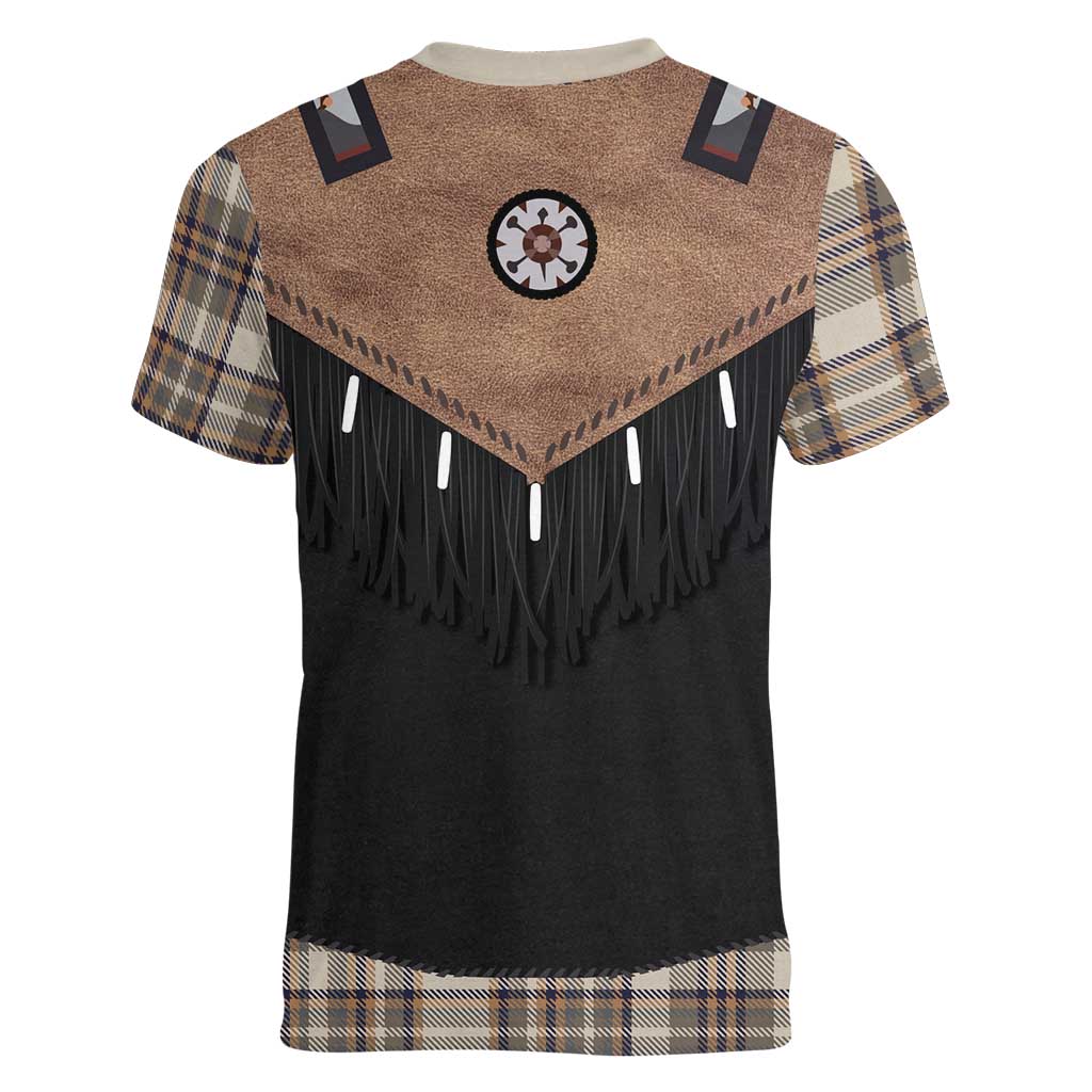 Western Cowboy Vest Style Women V-Neck T-Shirt Brown Beige Plaid Pattern - Wonder Print Shop