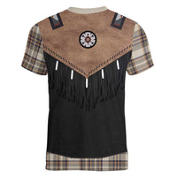 Western Cowboy Vest Style Women V-Neck T-Shirt Brown Beige Plaid Pattern - Wonder Print Shop