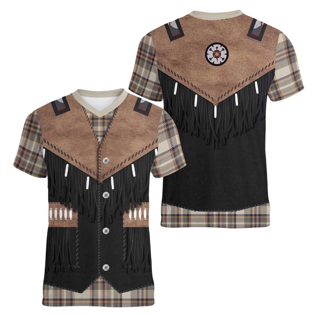 Western Cowboy Vest Style Women V-Neck T-Shirt Brown Beige Plaid Pattern - Wonder Print Shop