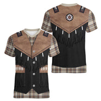 Western Cowboy Vest Style Women V-Neck T-Shirt Brown Beige Plaid Pattern - Wonder Print Shop