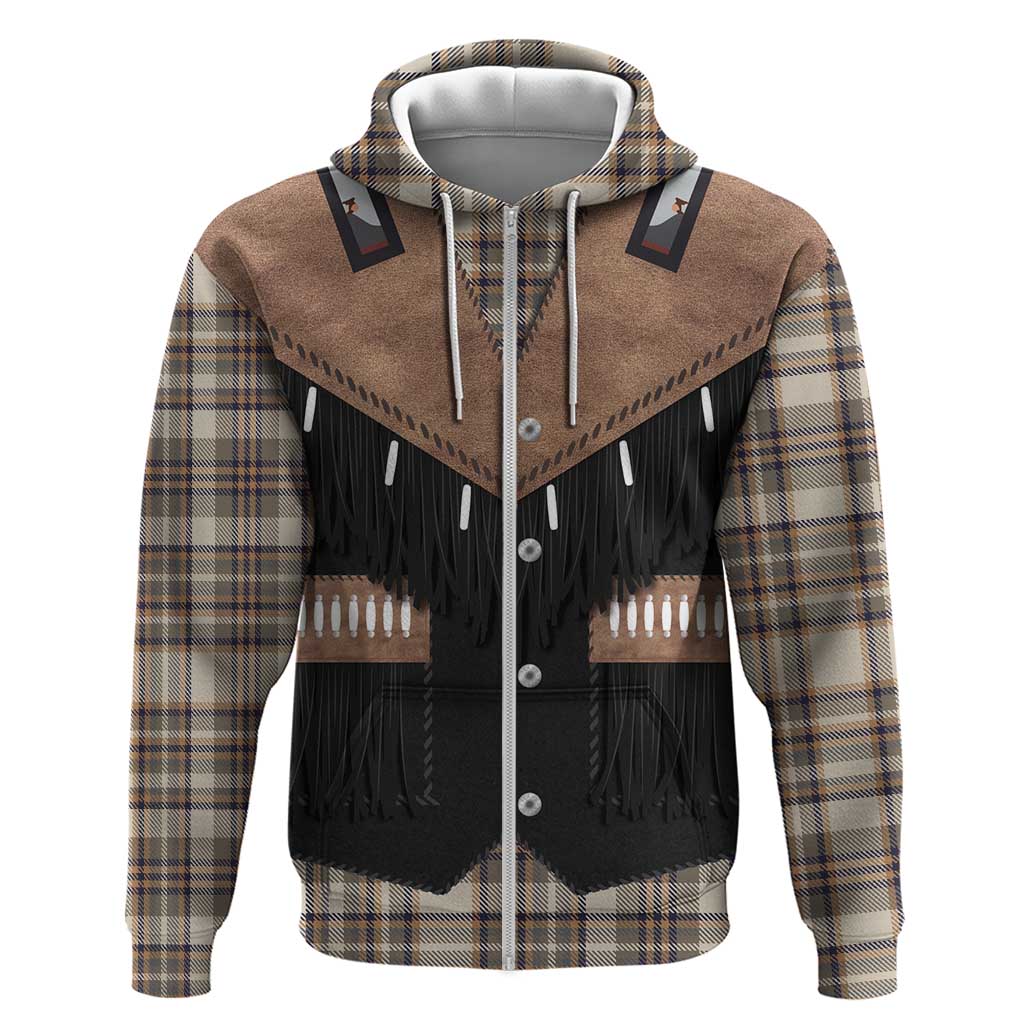 Western Cowboy Vest Style Zip Hoodie Brown Beige Plaid Pattern - Wonder Print Shop