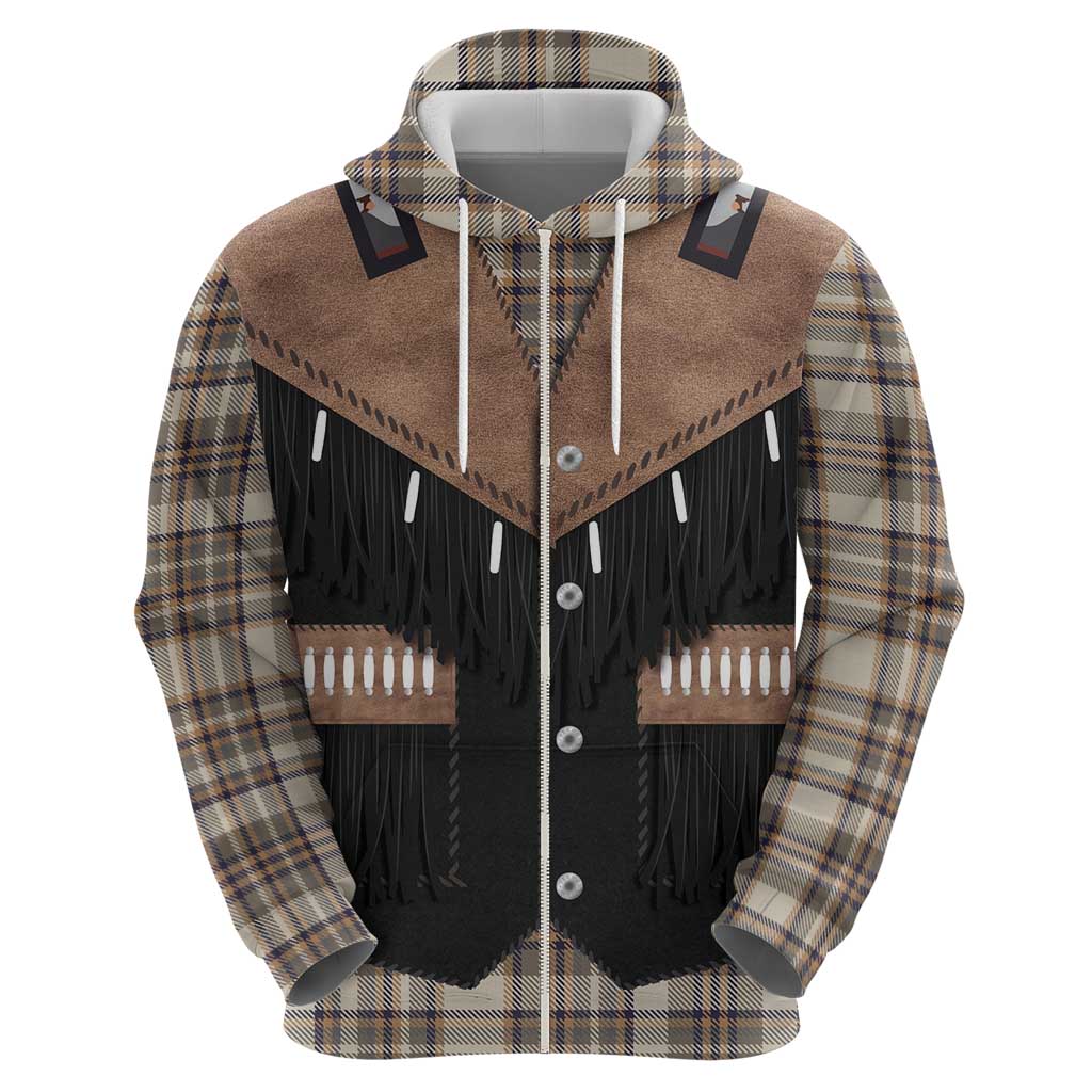Western Cowboy Vest Style Zip Hoodie Brown Beige Plaid Pattern - Wonder Print Shop