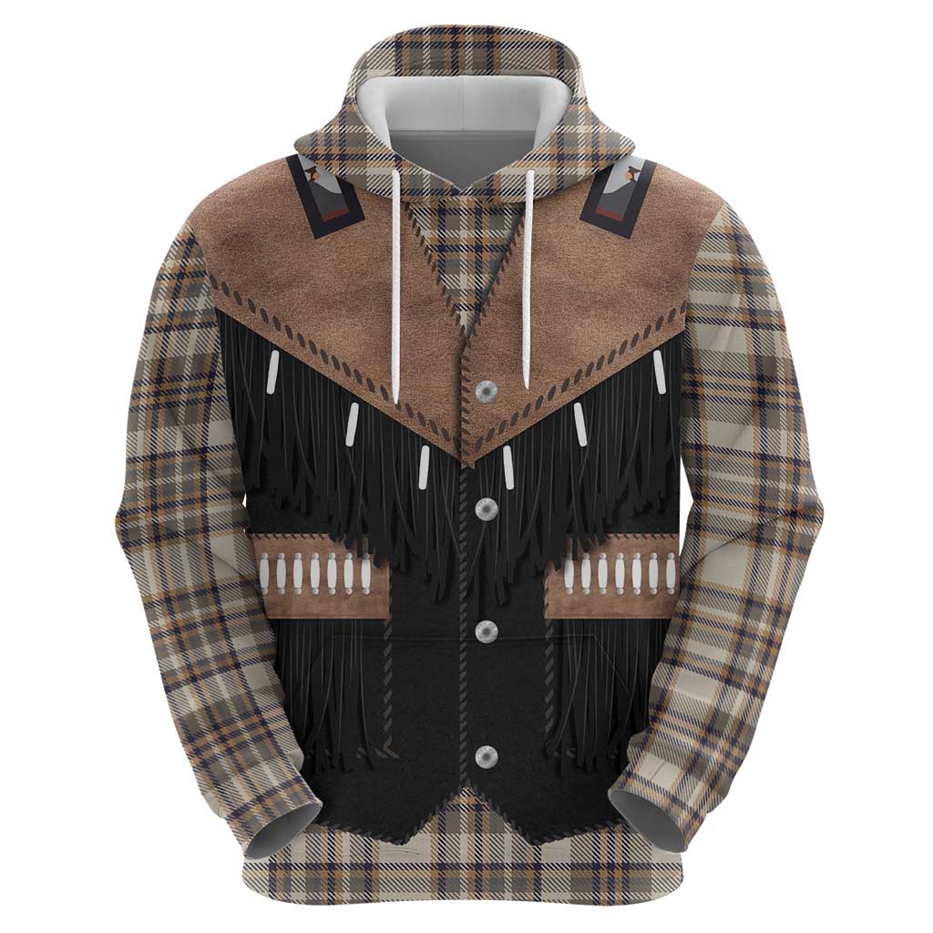 Western Cowboy Vest Style Zip Hoodie Brown Beige Plaid Pattern - Wonder Print Shop