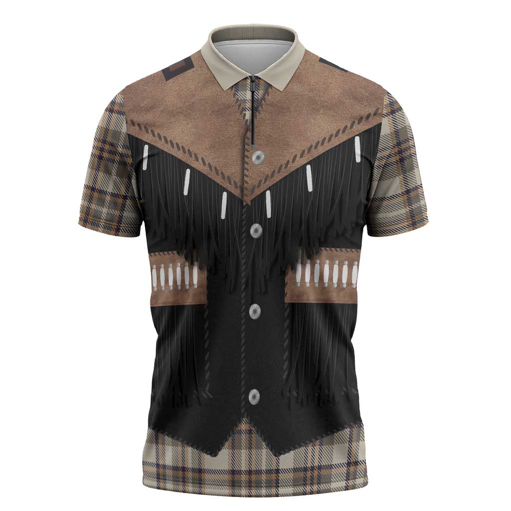 Western Cowboy Vest Style Zipper Polo Shirt Brown Beige Plaid Pattern - Wonder Print Shop