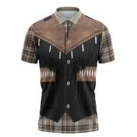Western Cowboy Vest Style Zipper Polo Shirt Brown Beige Plaid Pattern - Wonder Print Shop