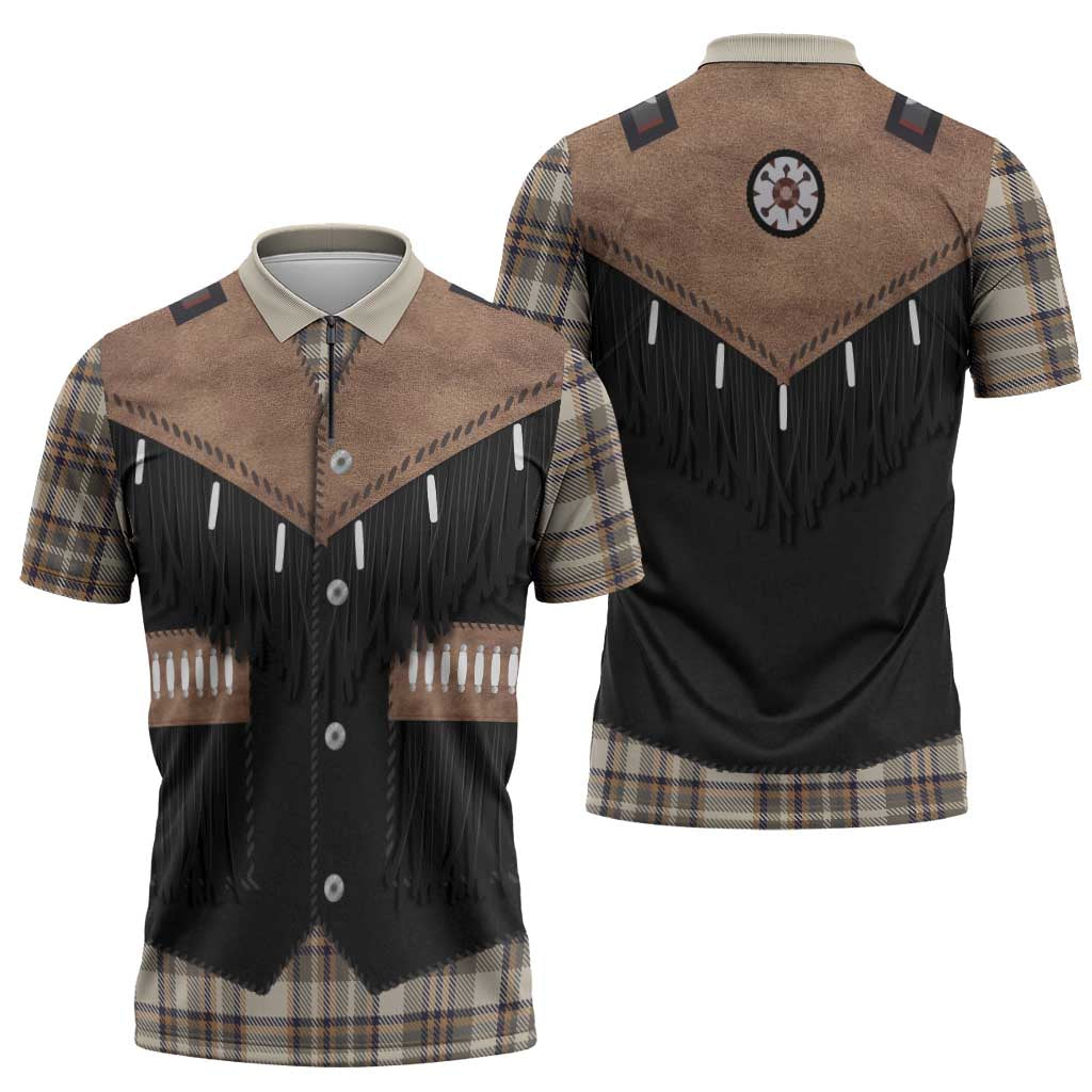 Western Cowboy Vest Style Zipper Polo Shirt Brown Beige Plaid Pattern - Wonder Print Shop
