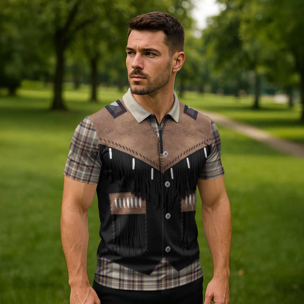Western Cowboy Vest Style Zipper Polo Shirt Brown Beige Plaid Pattern - Wonder Print Shop