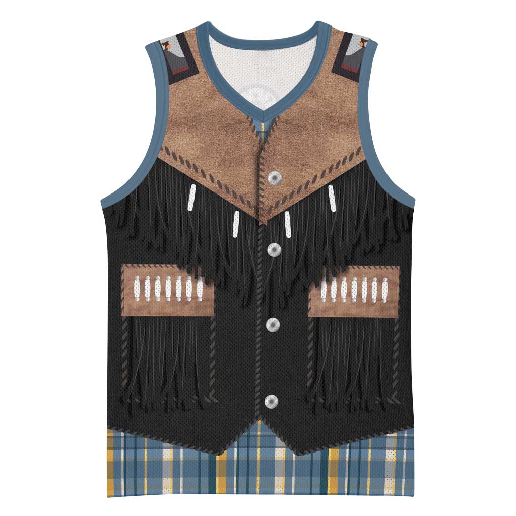Western Cowboy Vest Style Basketball Jersey Blue Yellow Plaid Pattern - Wonder Print Shop