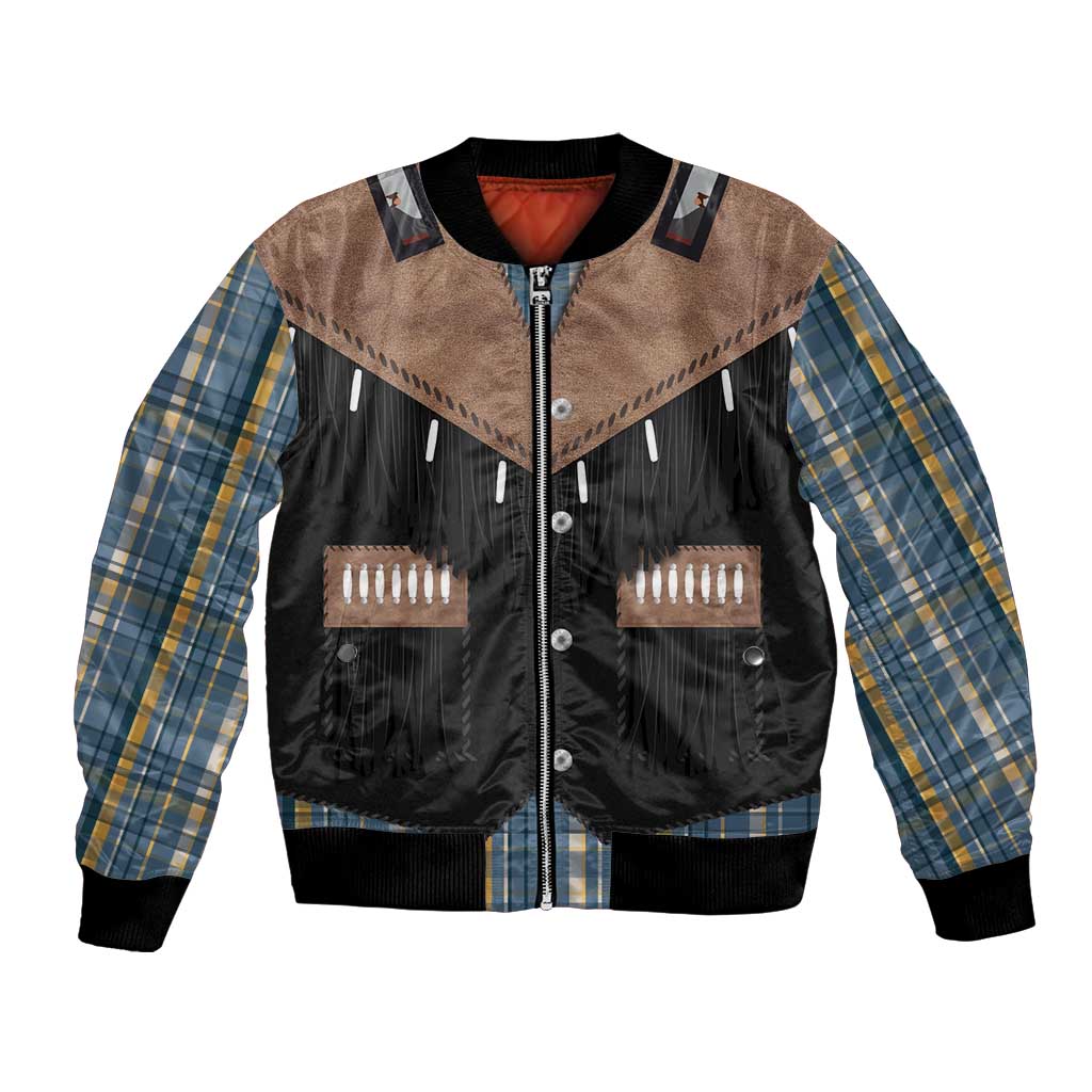 Western Cowboy Vest Style Bomber Jacket Blue Yellow Plaid Pattern - Wonder Print Shop