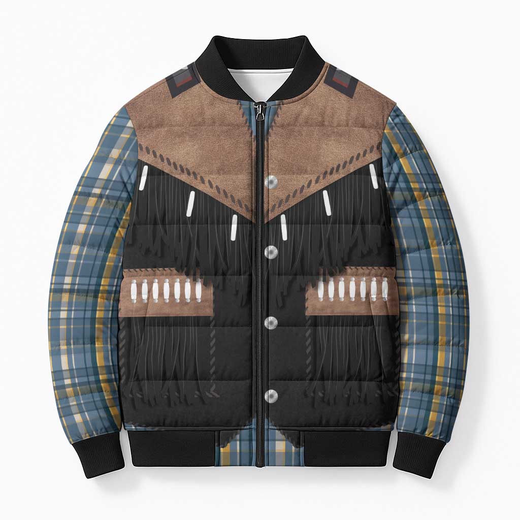 Western Cowboy Vest Style Bomber Puffer Jacket Blue Yellow Plaid Pattern - Wonder Print Shop