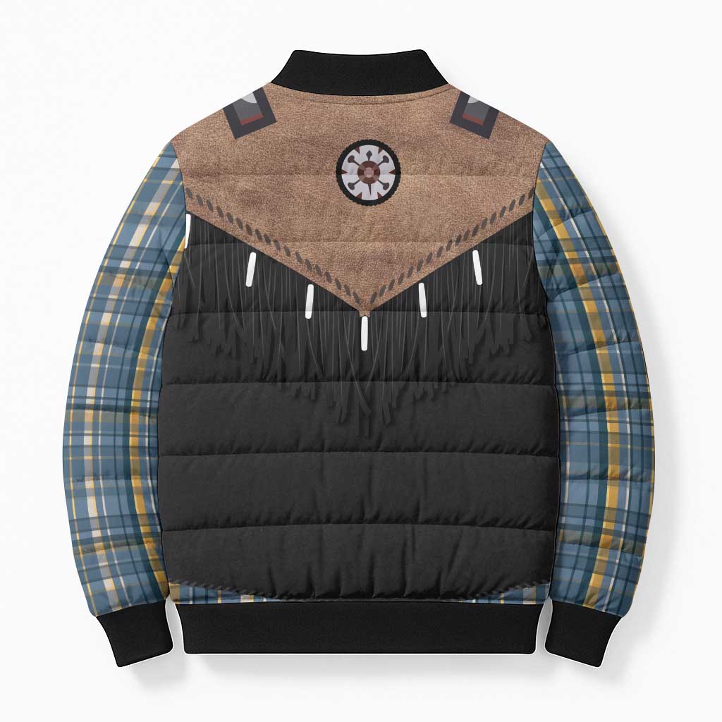 Western Cowboy Vest Style Bomber Puffer Jacket Blue Yellow Plaid Pattern - Wonder Print Shop