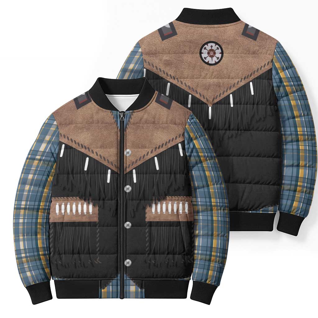 Western Cowboy Vest Style Bomber Puffer Jacket Blue Yellow Plaid Pattern - Wonder Print Shop