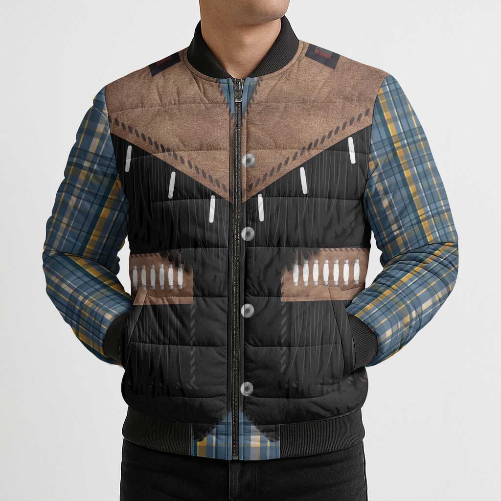Western Cowboy Vest Style Bomber Puffer Jacket Blue Yellow Plaid Pattern - Wonder Print Shop
