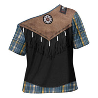 Western Cowboy Vest Style Cross Shoulder Shirt Blue Yellow Plaid Pattern - Wonder Print Shop