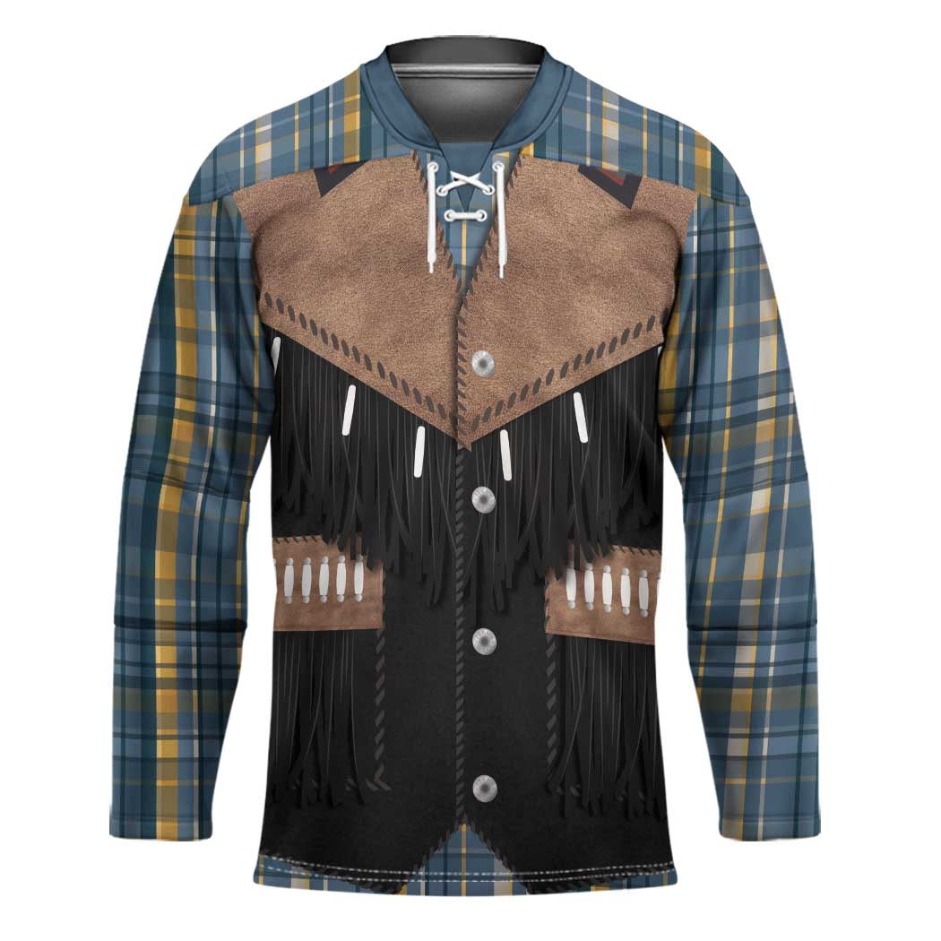 Western Cowboy Vest Style Hockey Jersey Blue Yellow Plaid Pattern - Wonder Print Shop
