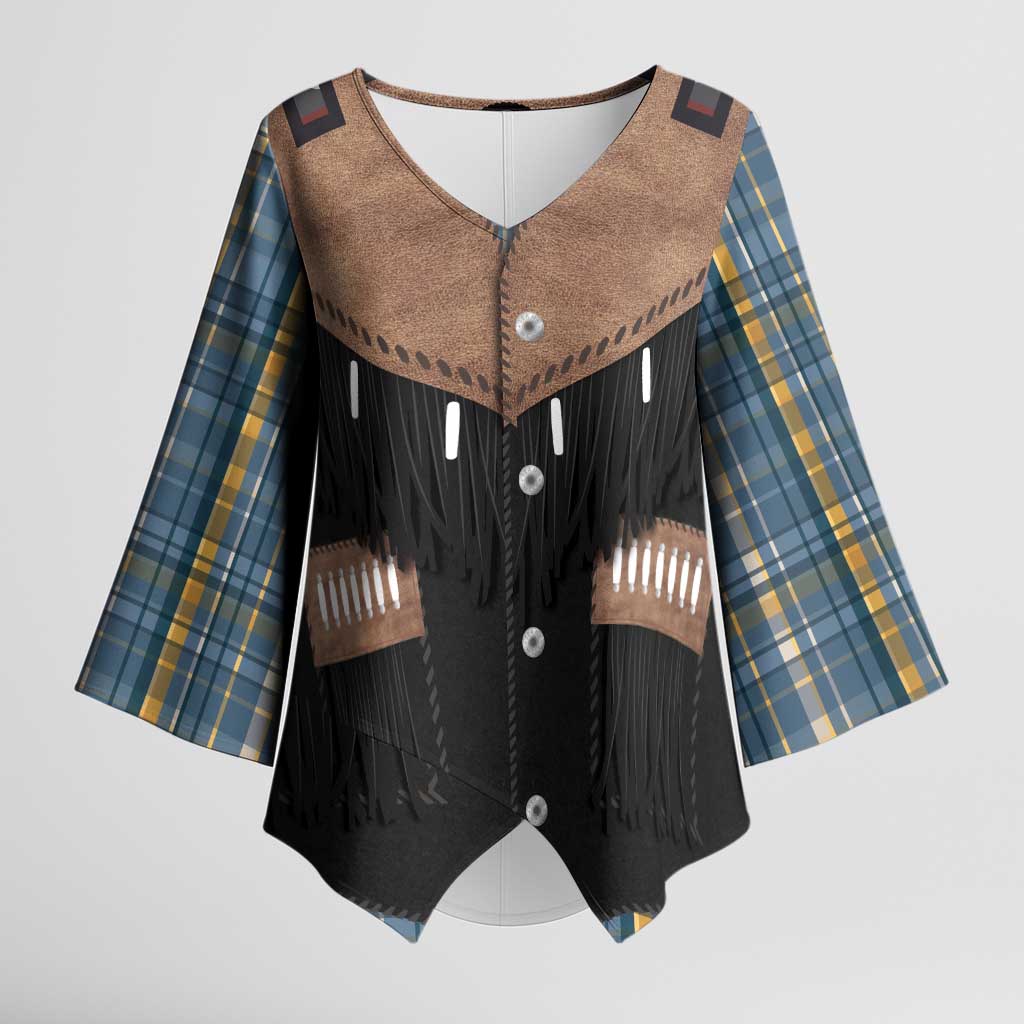 Western Cowboy Vest Style Kimono Sleeve Blouse Blue Yellow Plaid Pattern - Wonder Print Shop