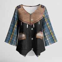 Western Cowboy Vest Style Kimono Sleeve Blouse Blue Yellow Plaid Pattern - Wonder Print Shop