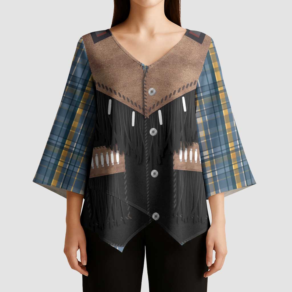 Western Cowboy Vest Style Kimono Sleeve Blouse Blue Yellow Plaid Pattern - Wonder Print Shop