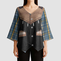 Western Cowboy Vest Style Kimono Sleeve Blouse Blue Yellow Plaid Pattern - Wonder Print Shop