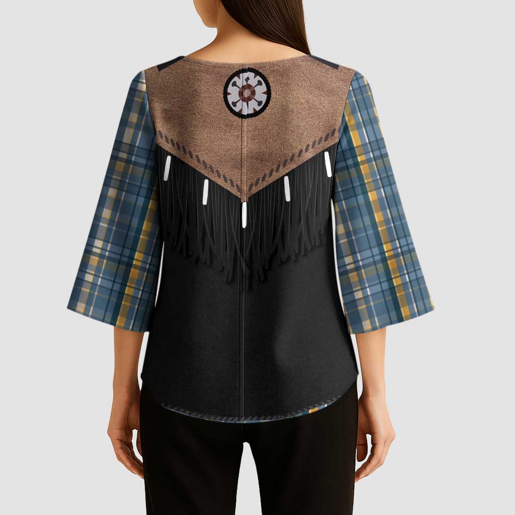 Western Cowboy Vest Style Kimono Sleeve Blouse Blue Yellow Plaid Pattern - Wonder Print Shop