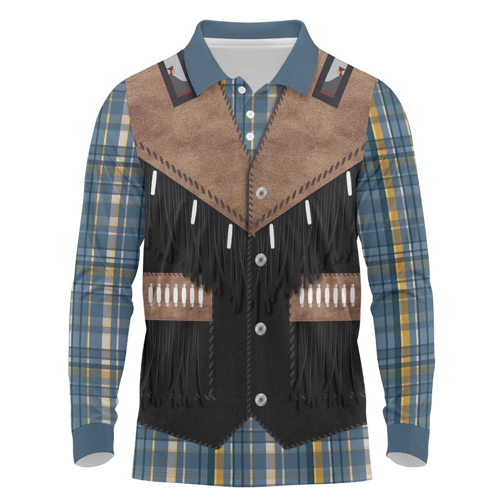 Western Cowboy Vest Style Long Sleeve Polo Shirt Blue Yellow Plaid Pattern - Wonder Print Shop