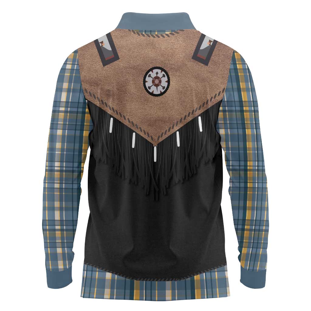 Western Cowboy Vest Style Long Sleeve Polo Shirt Blue Yellow Plaid Pattern - Wonder Print Shop