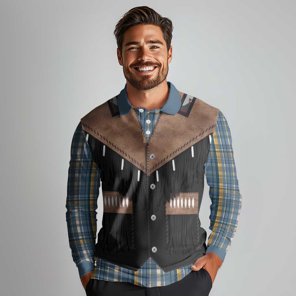 Western Cowboy Vest Style Long Sleeve Polo Shirt Blue Yellow Plaid Pattern - Wonder Print Shop