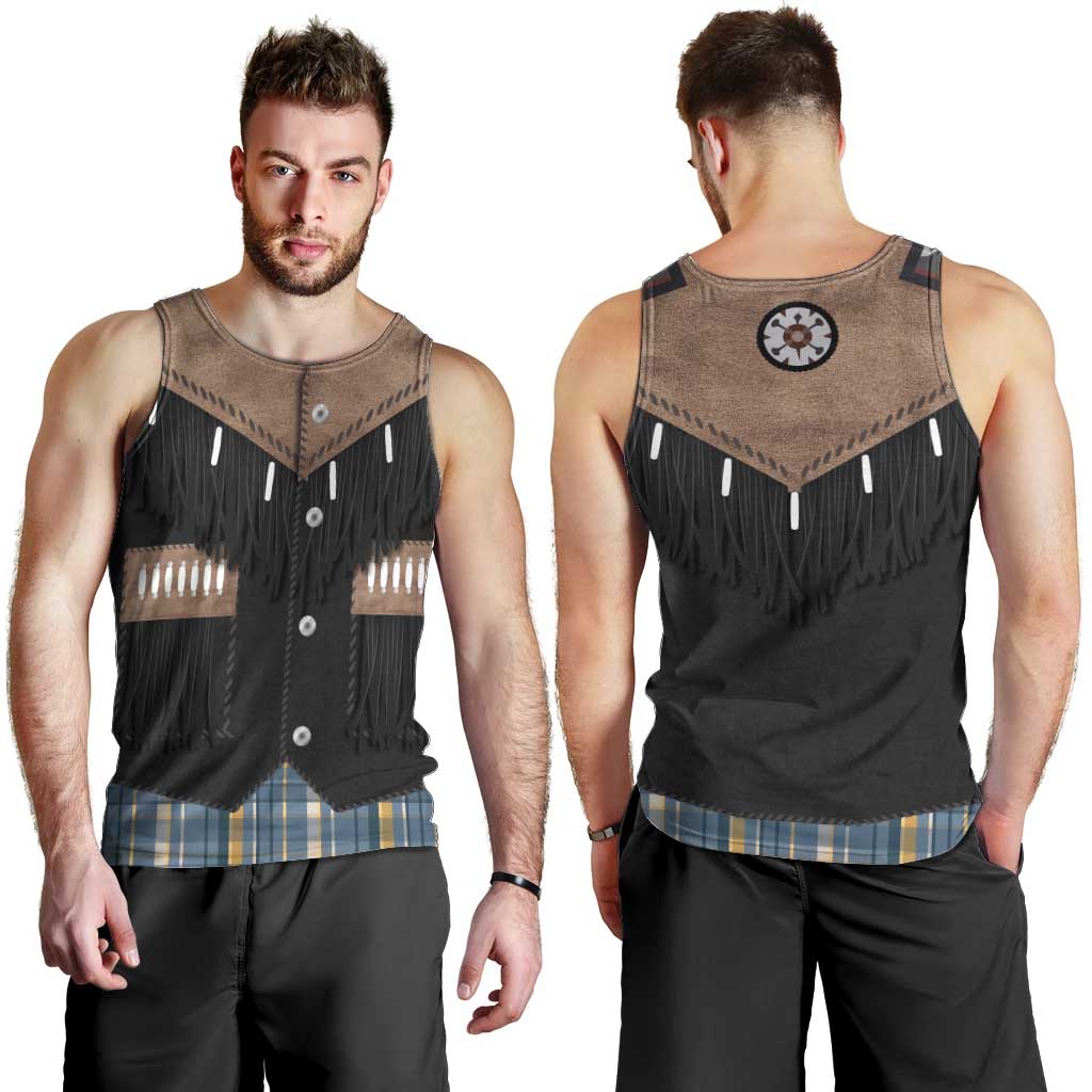 Western Cowboy Vest Style Men Tank Top Blue Yellow Plaid Pattern - Wonder Print Shop