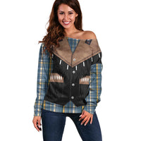 Western Cowboy Vest Style Off Shoulder Sweater Blue Yellow Plaid Pattern - Wonder Print Shop
