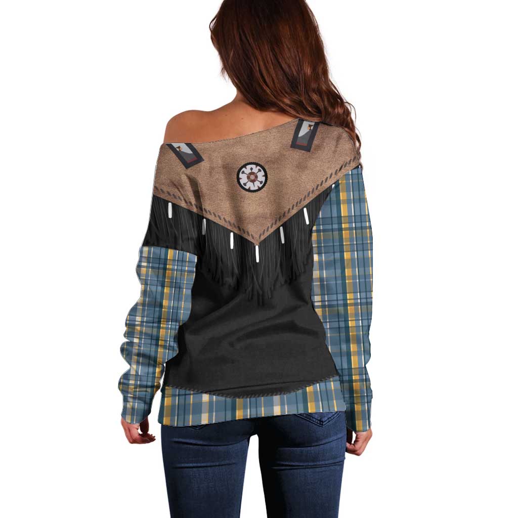 Western Cowboy Vest Style Off Shoulder Sweater Blue Yellow Plaid Pattern - Wonder Print Shop