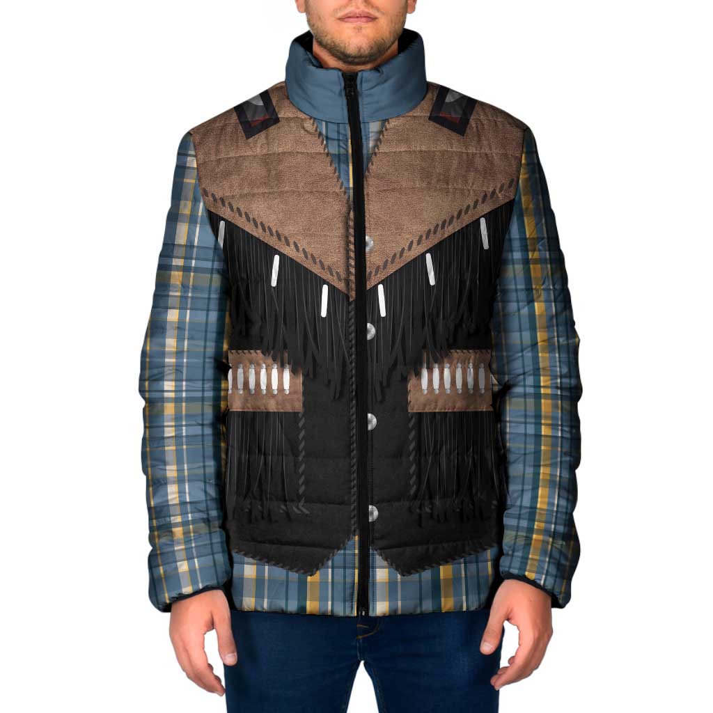 Western Cowboy Vest Style Padded Jacket Blue Yellow Plaid Pattern - Wonder Print Shop