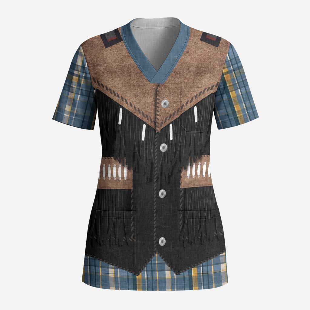 Western Cowboy Vest Style Scrub Top Blue Yellow Plaid Pattern - Wonder Print Shop
