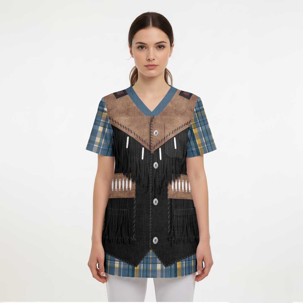 Western Cowboy Vest Style Scrub Top Blue Yellow Plaid Pattern - Wonder Print Shop