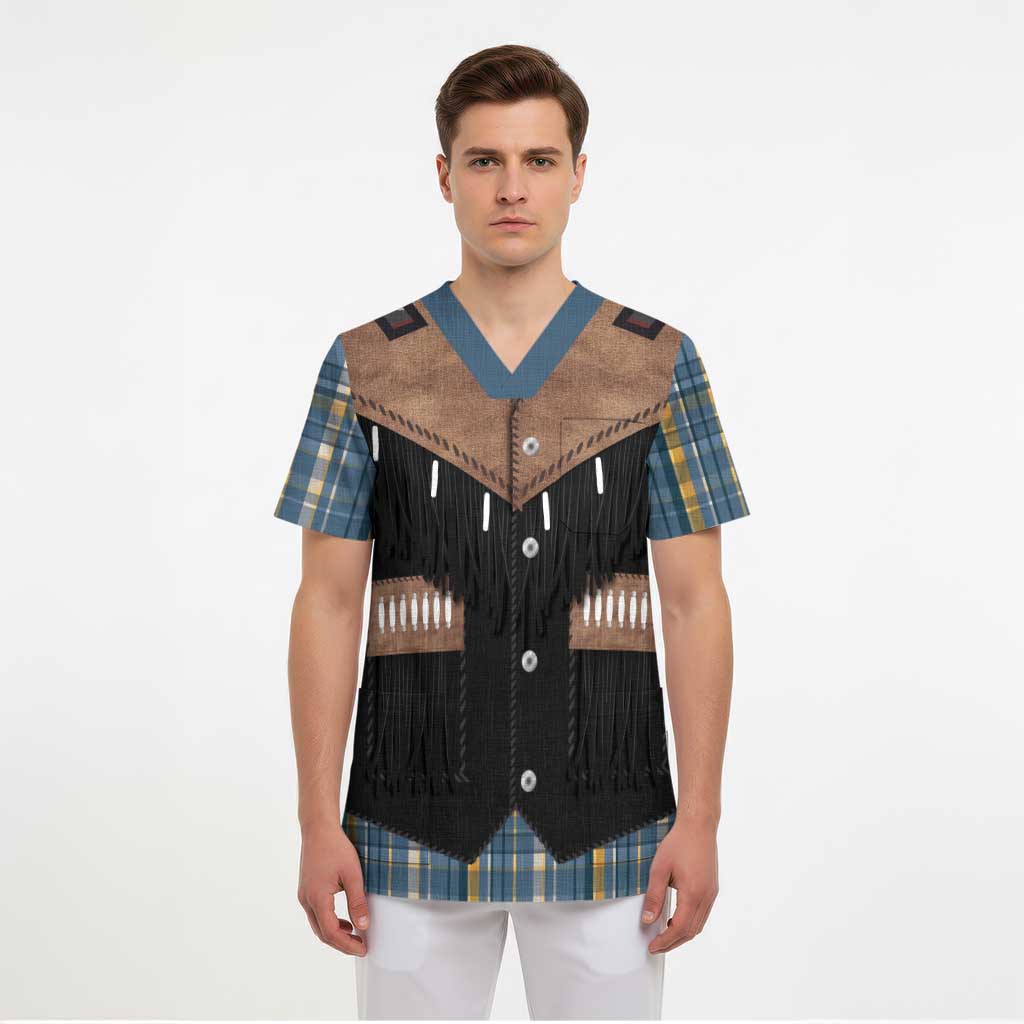 Western Cowboy Vest Style Scrub Top Blue Yellow Plaid Pattern - Wonder Print Shop