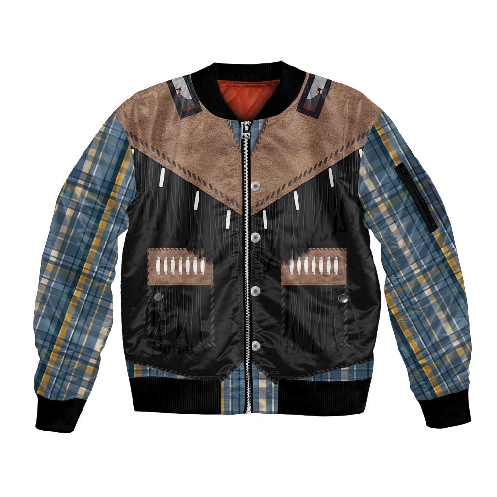 Western Cowboy Vest Style Sleeve Zip Bomber Jacket Blue Yellow Plaid Pattern - Wonder Print Shop