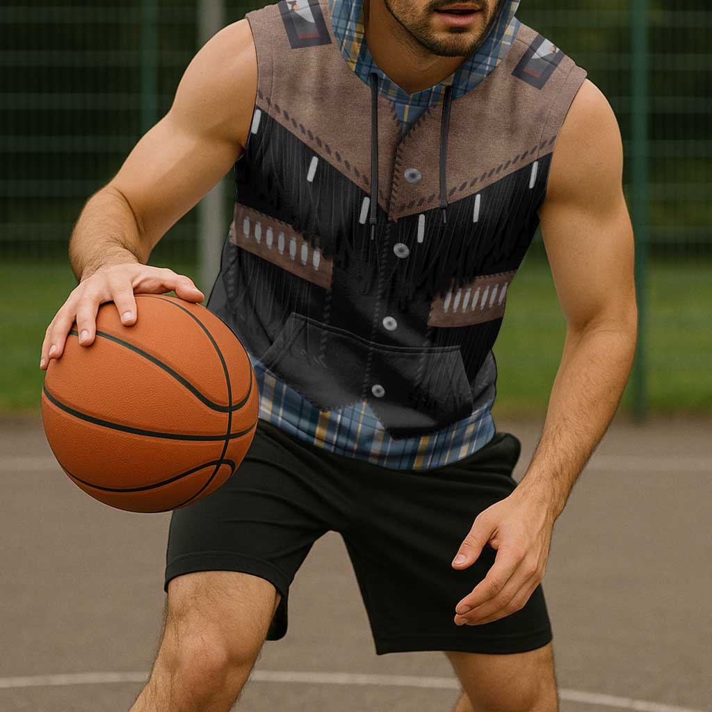 Western Cowboy Vest Style Sleeveless Hoodie Blue Yellow Plaid Pattern - Wonder Print Shop