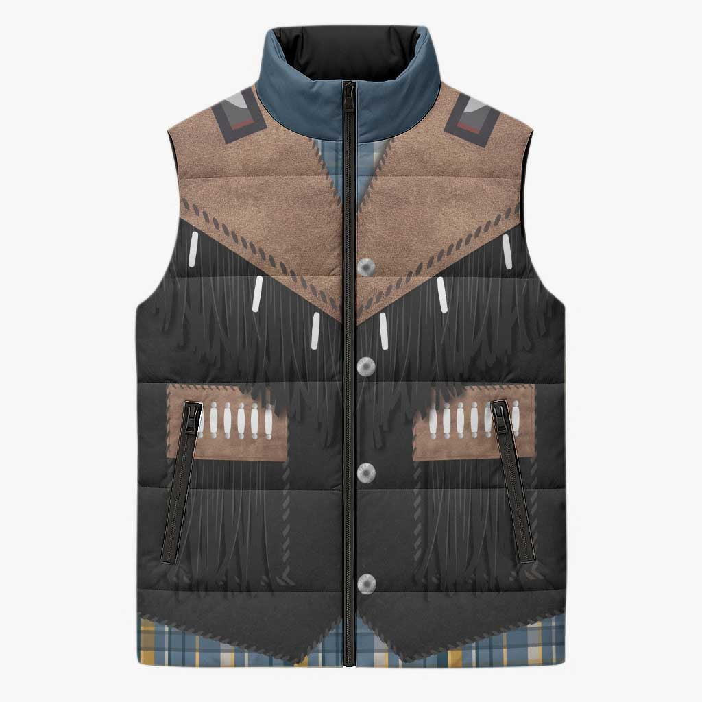 Western Cowboy Vest Style Sleeveless Puffer Jacket Blue Yellow Plaid Pattern - Wonder Print Shop