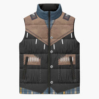 Western Cowboy Vest Style Sleeveless Puffer Jacket Blue Yellow Plaid Pattern - Wonder Print Shop