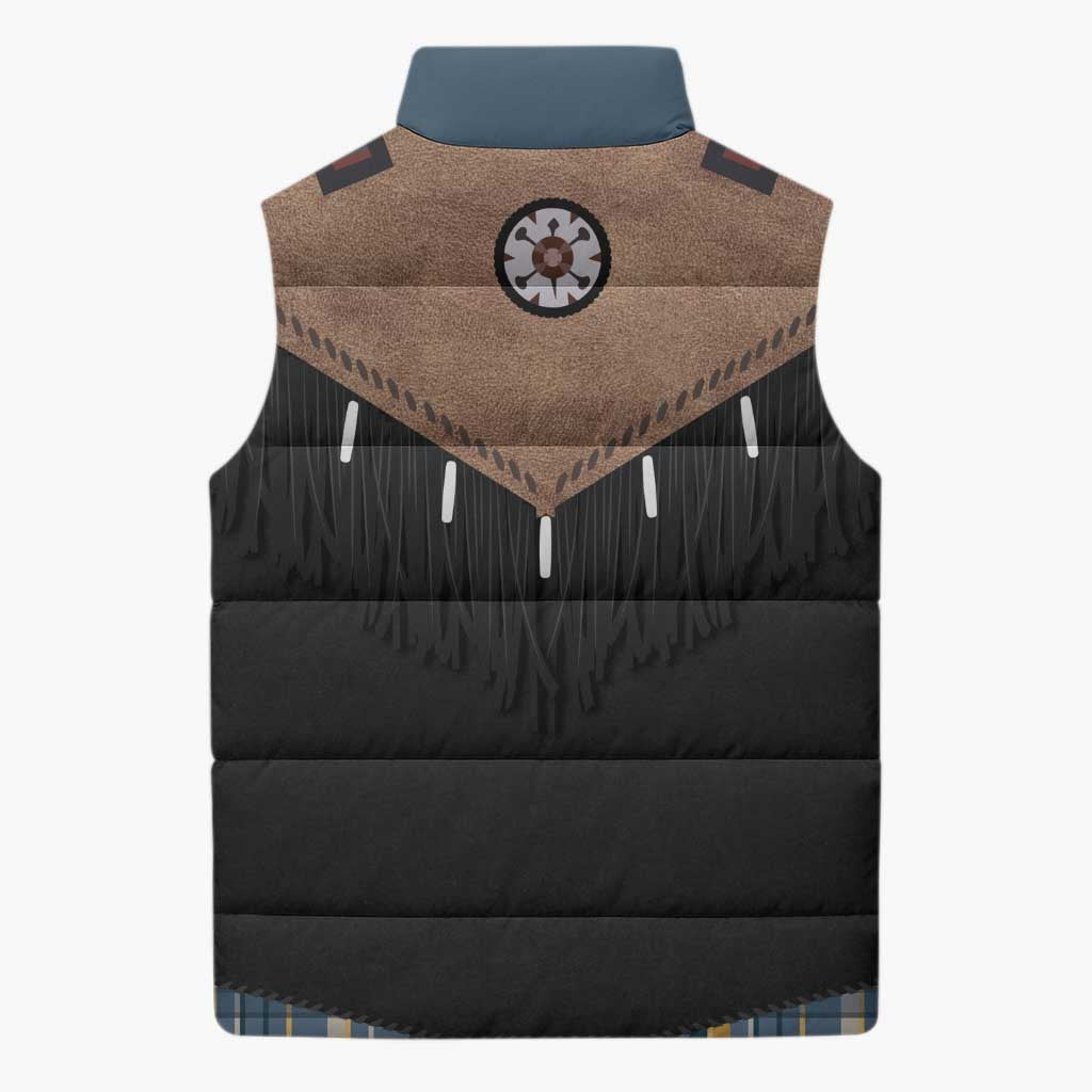 Western Cowboy Vest Style Sleeveless Puffer Jacket Blue Yellow Plaid Pattern - Wonder Print Shop