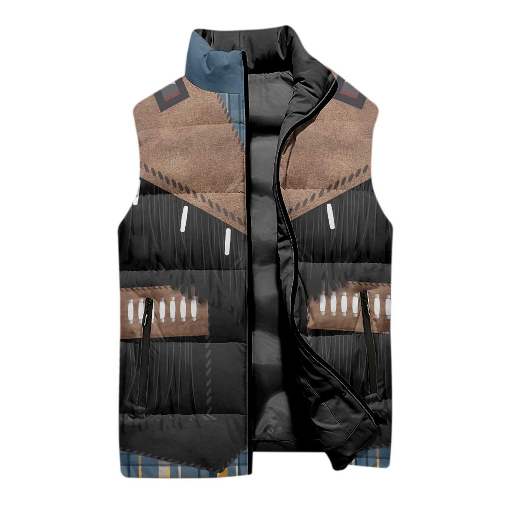 Western Cowboy Vest Style Sleeveless Puffer Jacket Blue Yellow Plaid Pattern - Wonder Print Shop