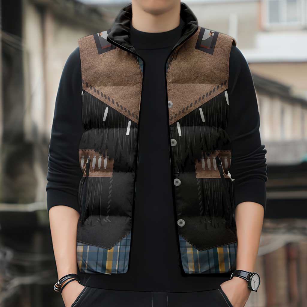 Western Cowboy Vest Style Sleeveless Puffer Jacket Blue Yellow Plaid Pattern - Wonder Print Shop