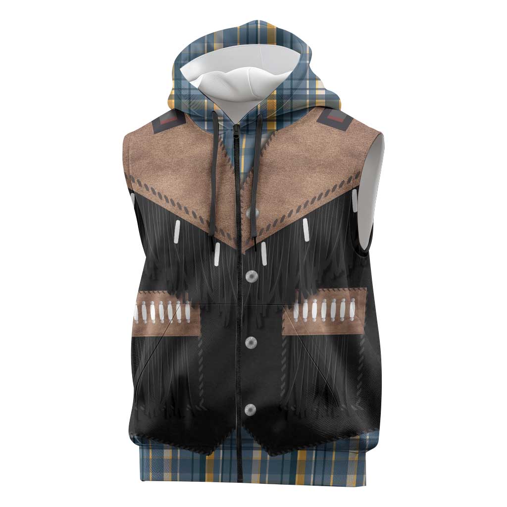 Western Cowboy Vest Style Sleeveless Zip Hoodie Blue Yellow Plaid Pattern - Wonder Print Shop